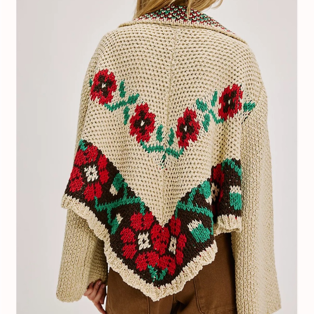 Free People Julie Girl Cream and Red Floral Knit Poncho - Picture 7 of 7